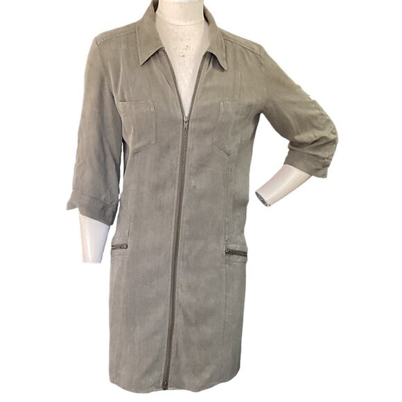 INC International Concepts M Full Zip Shirt Dress Zip Pockets Khaki Beige 128L - Picture 1 of 8
